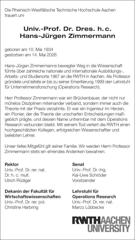 Traueranzeige der RWTH für HJ Zimmermann
